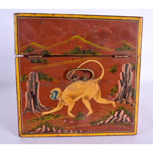 320 - A CHARMING EARLY 20TH CENTURY INDIAN COUNTRY HOUSE LACQUERED WOOD BOX painted all over with monkeys ... 