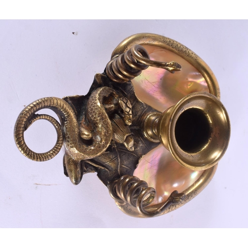 324 - A LOVELY 19TH CENTURY FRENCH PALAIS ROYALE BRONZE AND MOTHER OF PEARL CHAMBERSTICK formed with a coi... 