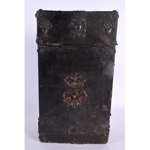 327 - A RARE 18TH CENTURY EUROPEAN COUNTRY HOUSE LEATHER DESK BOX overlaid with coins, motifs and repousse... 