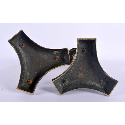 332 - A PAIR OF 19TH CENTURY FRENCH BRONZE AND SIENNA MARBLE EMPIRE CANDLESTICKS formed upon acanthus capp... 