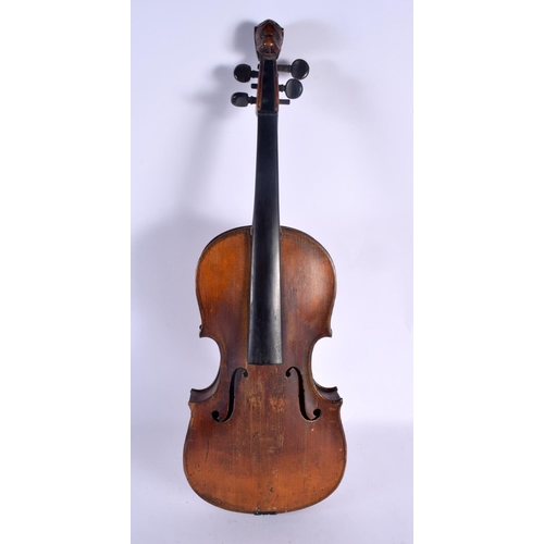 334 - A CASED 19TH CENTURY AUGSBURG GERMAN VIOLIN AND BOW bearing label to interior Joseph Haff. 56 cm lon... 