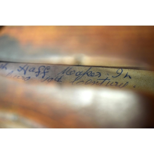 334 - A CASED 19TH CENTURY AUGSBURG GERMAN VIOLIN AND BOW bearing label to interior Joseph Haff. 56 cm lon... 