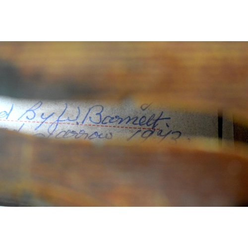 334 - A CASED 19TH CENTURY AUGSBURG GERMAN VIOLIN AND BOW bearing label to interior Joseph Haff. 56 cm lon... 