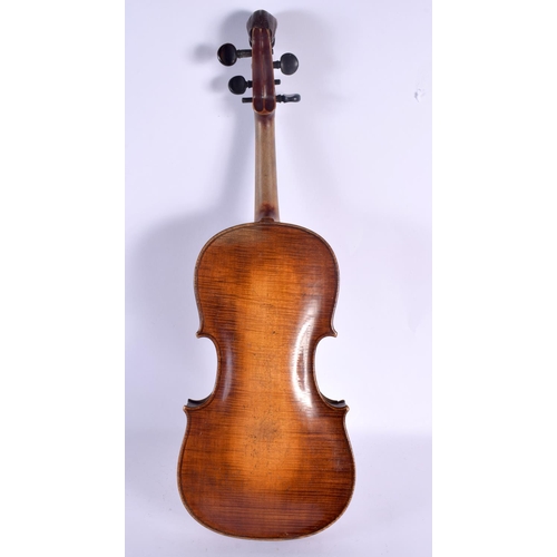 334 - A CASED 19TH CENTURY AUGSBURG GERMAN VIOLIN AND BOW bearing label to interior Joseph Haff. 56 cm lon... 