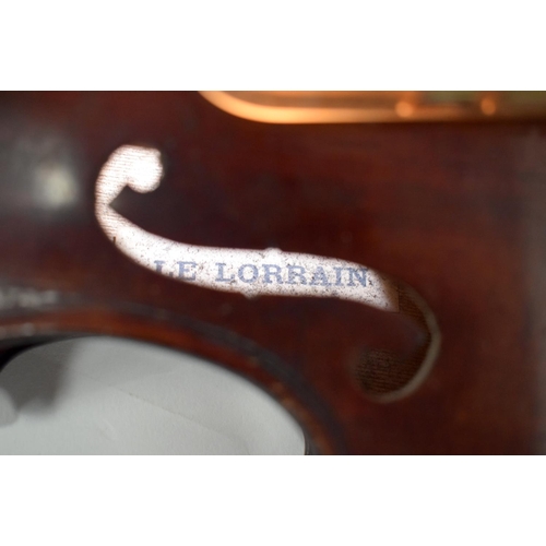 335 - A CASED FRENCH SMALL LE LORRAIN VIOLIN. 43.5 cm long, length of back 27 cm.