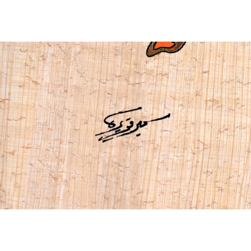 340 - A MIDDLE EASTERN FRAMED AND GLAZED ISLAMIC PAINTED FRAGMENT. 50 cm x 42 cm.