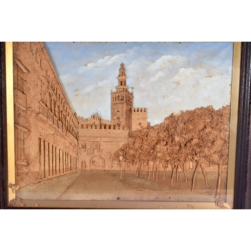 342 - A CHARMING EARLY 20TH CENTURY EUROPEAN CARVED CORK PICTURE OF THE CATHEDRAL DE SEVILLA. 64 cm x 54 c... 