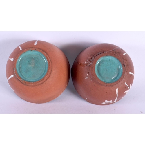 345 - A PAIR OF EARLY 20TH CENTURY CHINESE ENAMELLED YIXING POTTERY TEABOWLS together with a similar teapo... 