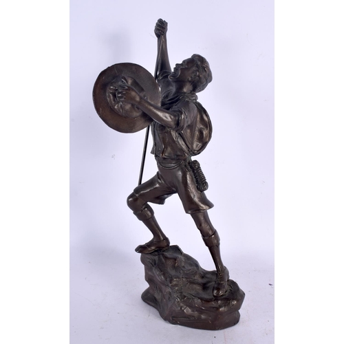 348 - A 1920S EUROPEAN BRONZE FIGURE OF A MALE modelled holding his hat upon a naturalistic base. 31 cm hi... 