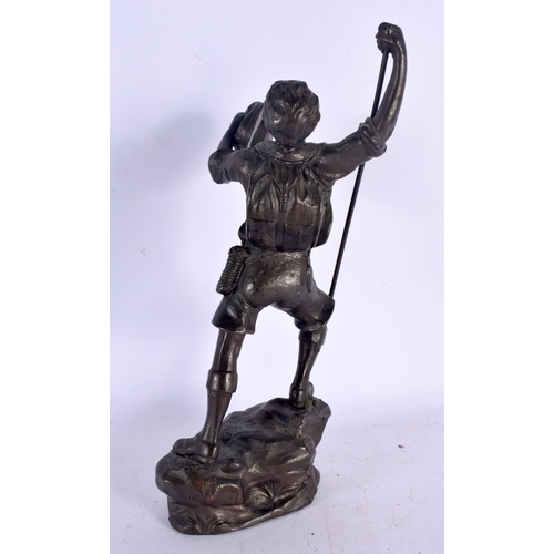 348 - A 1920S EUROPEAN BRONZE FIGURE OF A MALE modelled holding his hat upon a naturalistic base. 31 cm hi... 
