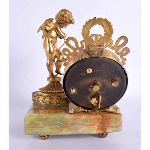 350 - AN ART DECO GILT BRONZE AND ONYX DESK CLOCK. 14 cm x 10 cm.