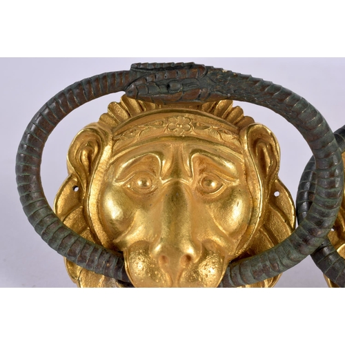 354 - A FINE PAIR OF GEORGE III ORMOLU AND BRONZE LION MASK HEADS Attributed to Matthew Boulton. 10 cm x 5... 