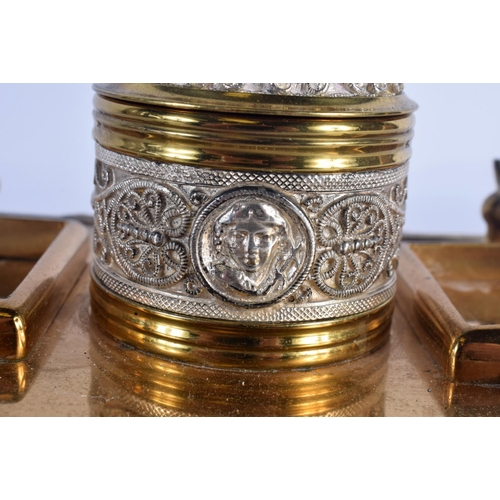 357 - A 19TH CENTURY ENGLISH GILT METAL AND SILVER PLATED INKWELL in the manner of Elkington, decorated al... 