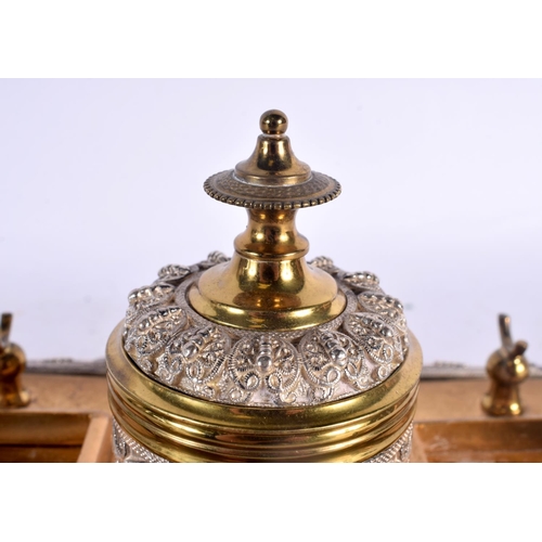 357 - A 19TH CENTURY ENGLISH GILT METAL AND SILVER PLATED INKWELL in the manner of Elkington, decorated al... 