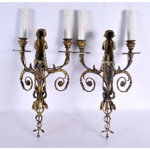 363 - A PAIR OF 19TH CENTURY FRENCH GILT BRONZE COUNTRY HOUSE WALL SCONCES. 46 cm x 24 cm.