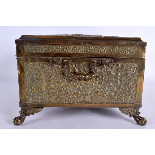 365 - A LARGE 19TH CENTURY INDIAN EMBOSSED COUNTRY HOUSE GILT METAL OVERLAID CASKET decorated with hunting... 