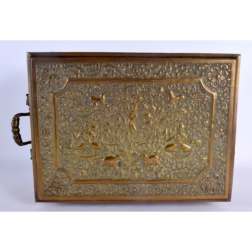 365 - A LARGE 19TH CENTURY INDIAN EMBOSSED COUNTRY HOUSE GILT METAL OVERLAID CASKET decorated with hunting... 