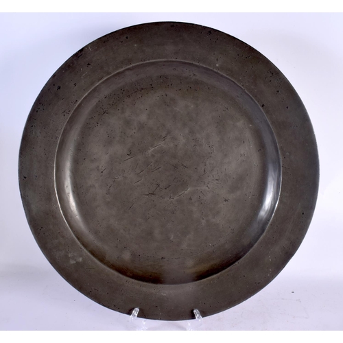 366 - A COLLECTION OF ANTIQUE PEWTER in various forms and sizes. Largest 40 cm diameter. (10)