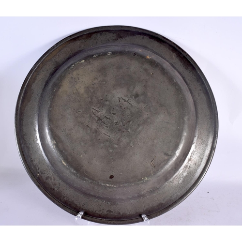 366 - A COLLECTION OF ANTIQUE PEWTER in various forms and sizes. Largest 40 cm diameter. (10)
