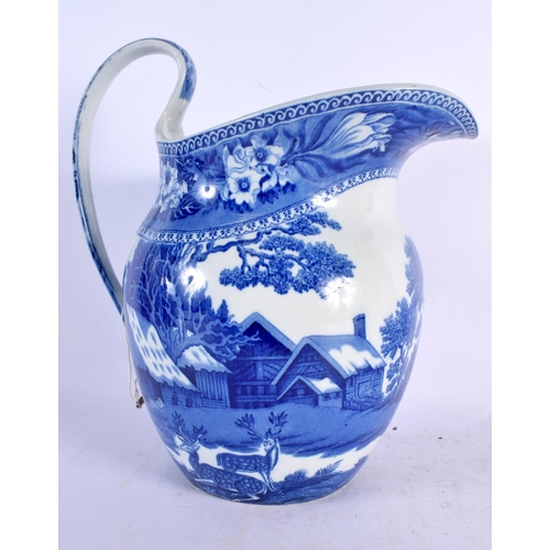 387 - A LARGE WEDGWOOD BLUE AND WHITE FALLOW DEER WASH JUG AND BASIN. 36 cm wide. (2)