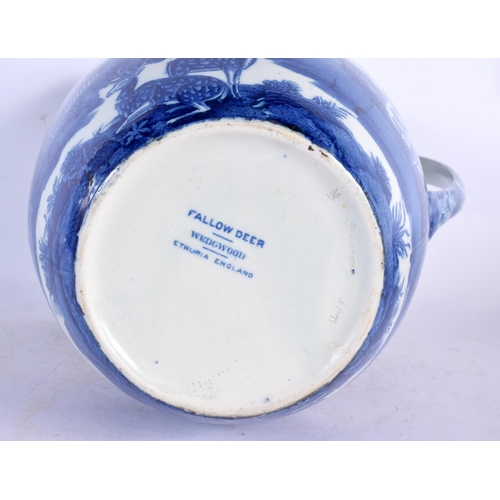 387 - A LARGE WEDGWOOD BLUE AND WHITE FALLOW DEER WASH JUG AND BASIN. 36 cm wide. (2)