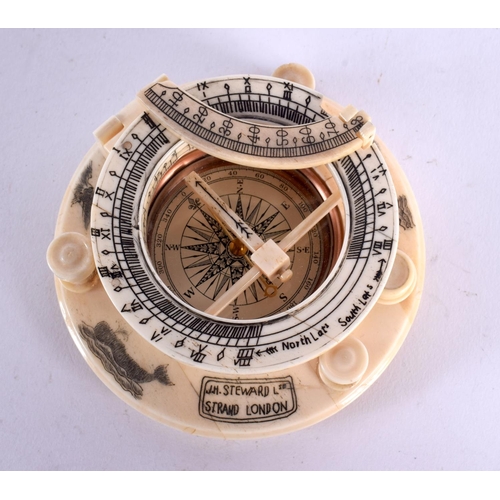 404 - A CONTEMPORARY CARVED SCRIMSHAW BONE COMPASS. 10 cm wide.