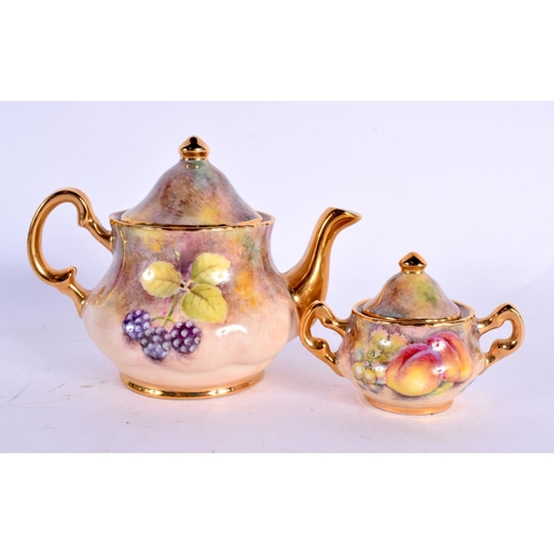 41 - A ROYAL WORCESTER ARTIST PORCELAIN FRUIT PAINTED TEASET upon its matching tray. Tray 21 cm x 15 cm. ... 