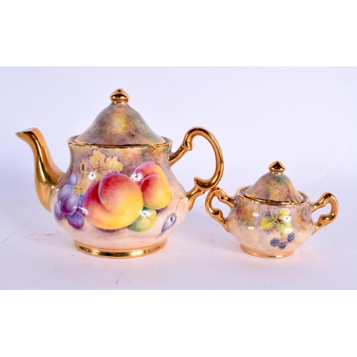 41 - A ROYAL WORCESTER ARTIST PORCELAIN FRUIT PAINTED TEASET upon its matching tray. Tray 21 cm x 15 cm. ... 