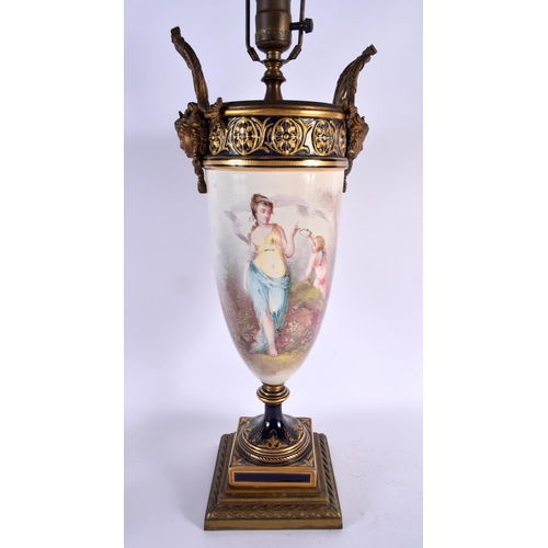 417 - A LARGE 19TH CENTURY FRENCH SEVRES STYLE TWIN HANDLED PORCELAIN LAMP painted with a female. 68 cm hi... 