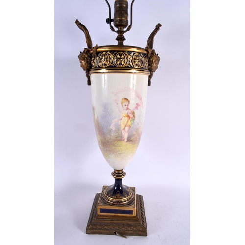 417 - A LARGE 19TH CENTURY FRENCH SEVRES STYLE TWIN HANDLED PORCELAIN LAMP painted with a female. 68 cm hi... 