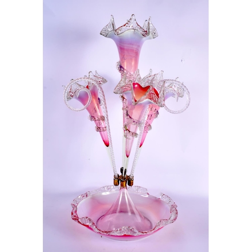 43 - A LARGE VICTORIAN PINK FLASH GLASS EPERGNE. 53 cm x 27 cm.