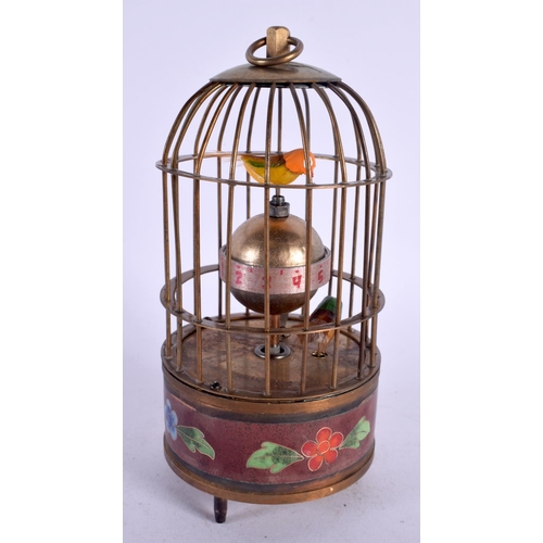 447 - A CONTEMPORARY CLOISONNE ENAMEL BRONZE BIRD CAGE CLOCK. 19 cm high.