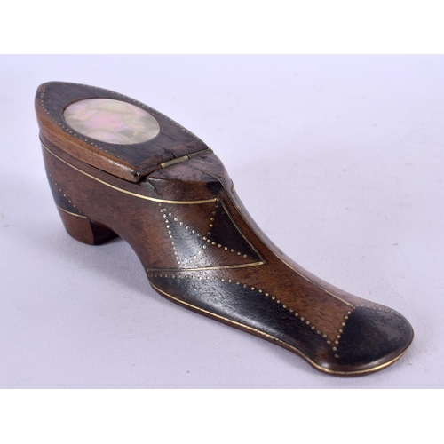 452 - A GEORGE III MOTHER OF PEARL INLAID PIQUE WORK SHOE. 14 cm x 5 cm.