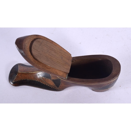 452 - A GEORGE III MOTHER OF PEARL INLAID PIQUE WORK SHOE. 14 cm x 5 cm.