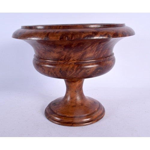 456 - A CHARMING BURR WALNUT PEDESTAL TREEN URN. 16 cm x 18 cm.