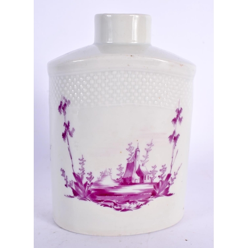 46 - AN 18TH CENTURY GERMAN PORCELAIN TEA CANISTER painted in puce with landscapes. 12 cm x 8 cm.