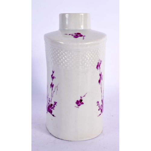 46 - AN 18TH CENTURY GERMAN PORCELAIN TEA CANISTER painted in puce with landscapes. 12 cm x 8 cm.