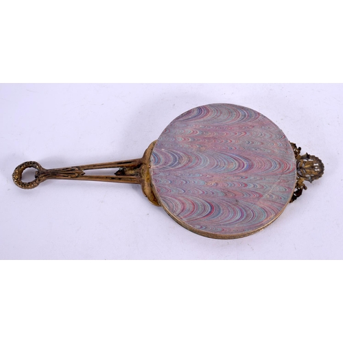 467 - AN ANTIQUE FRENCH EMPIRE BRONZE NEO CLASSICAL HAND MIRROR. 28 cm long.