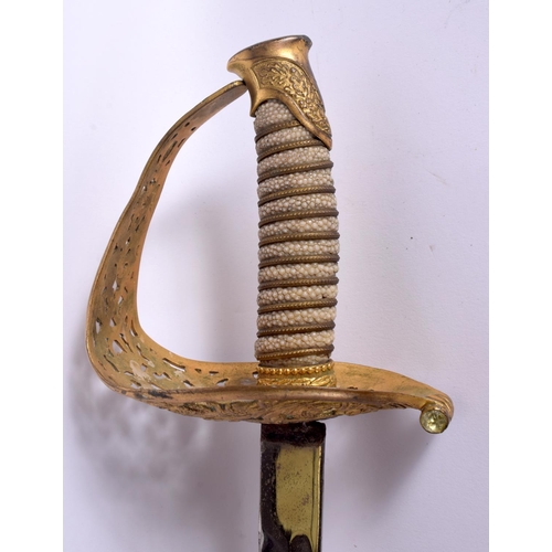 477 - AN ANTIQUE SHAGREEN HANDLED SWORD. 97 cm long.