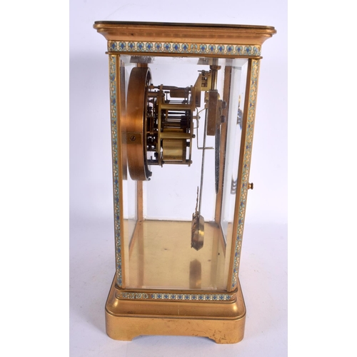 480 - AN ANTIQUE CHAMPLEVE ENAMEL BRASS REGULATOR MANTEL CLOCK. 29 cm x 15 cm.