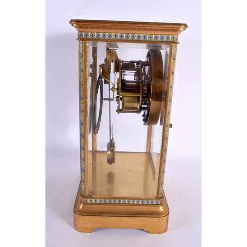 480 - AN ANTIQUE CHAMPLEVE ENAMEL BRASS REGULATOR MANTEL CLOCK. 29 cm x 15 cm.