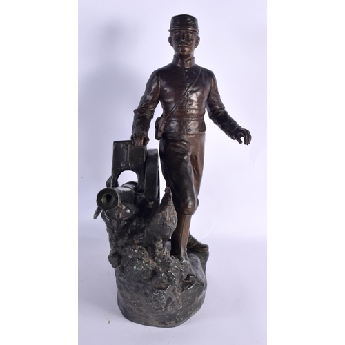 51 - A RARE LARGE 19TH CENTURY EUROPEAN SPELTER FIGURE OF A MILITARY MALE modelled standing beside a fiel... 