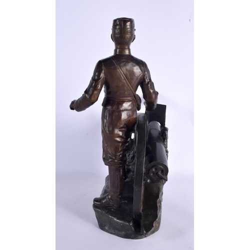 51 - A RARE LARGE 19TH CENTURY EUROPEAN SPELTER FIGURE OF A MILITARY MALE modelled standing beside a fiel... 