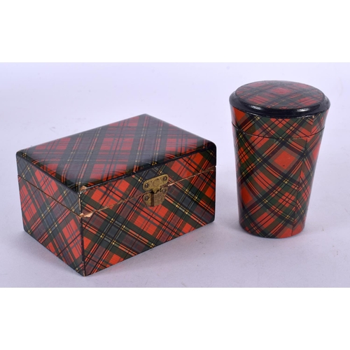 543 - AN ANTIQUE SCOTTISH TUNBRIDGE WARE SHOT BOTTLE HOLDER together with a smaller box. Largest 9 cm x 6 ... 