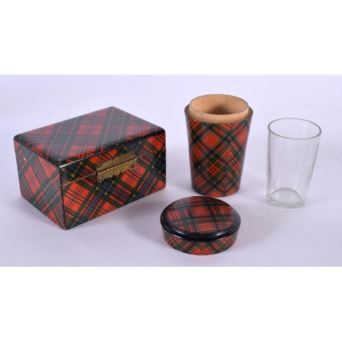 543 - AN ANTIQUE SCOTTISH TUNBRIDGE WARE SHOT BOTTLE HOLDER together with a smaller box. Largest 9 cm x 6 ... 