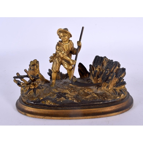 544 - A 19TH CENTURY FRENCH BRONZE FIGURE OF A WORKING MALE modelled upon a naturalistic base. 14 cm x 11 ... 