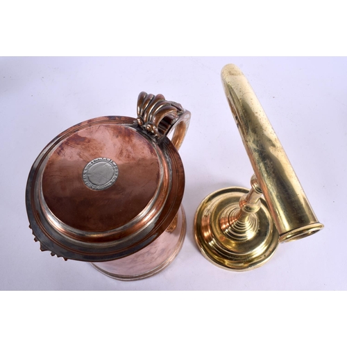 545 - A GEORGE III OLD SHEFFIELD PLATED TANKARD inset with a silver coin, together with an antique gofferi... 