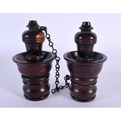 546 - A RARE PAIR OF LIGNUM VITÆ SPEAKING TUBE TERMINALS, 19TH-CENTURY TURNED WITH THREADED CONNECTORS AND... 