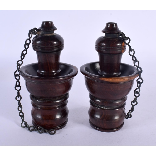 546 - A RARE PAIR OF LIGNUM VITÆ SPEAKING TUBE TERMINALS, 19TH-CENTURY TURNED WITH THREADED CONNECTORS AND... 