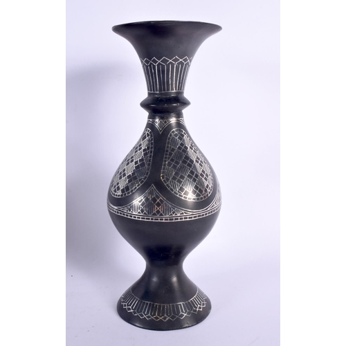 55 - A 19TH CENTURY MIDDLE EASTERN SILVER INLAID BRONZE VASE together with a similar silver inlaid dish. ... 